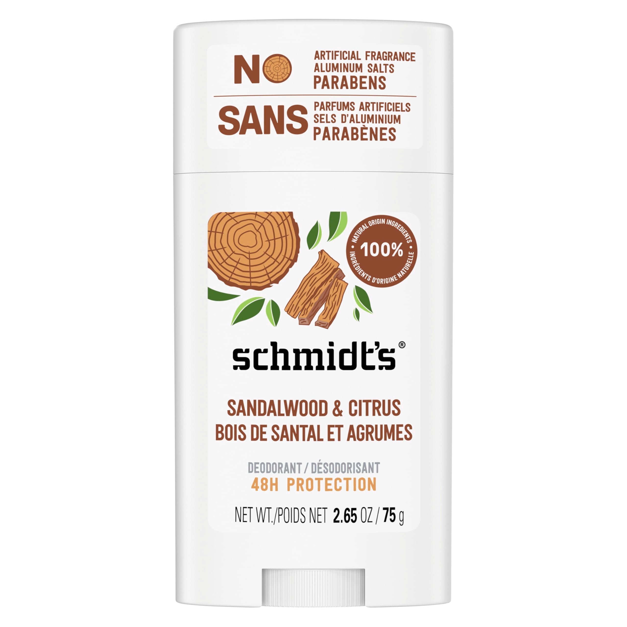 Schmidt's Sandalwood & Citrus deodorant stick with natural scent and 24-hour odor protection