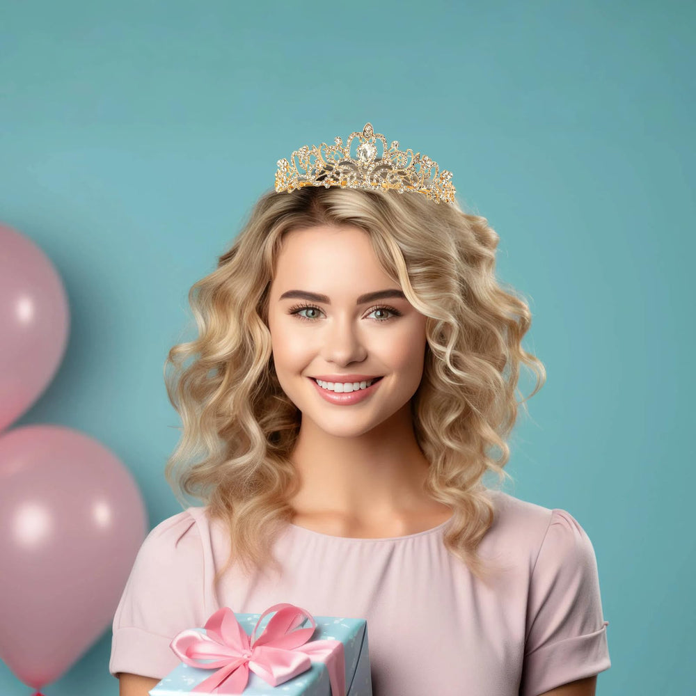Schmoopy diadema oro brillantes, clip seguro para peinado duradero.