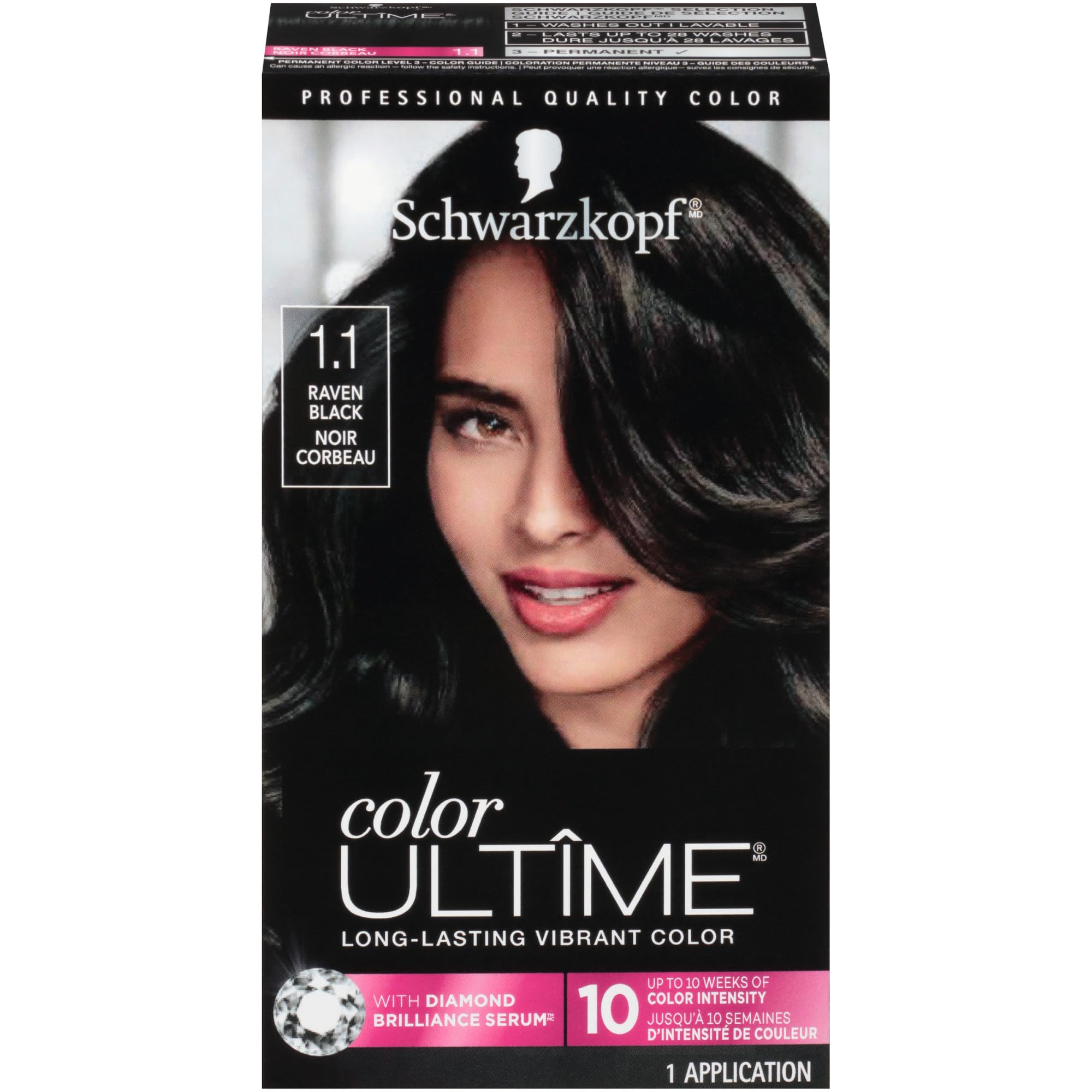 Schwarzkopf Color Ultime Raven Black bottle shows deep color and premium packaging.
