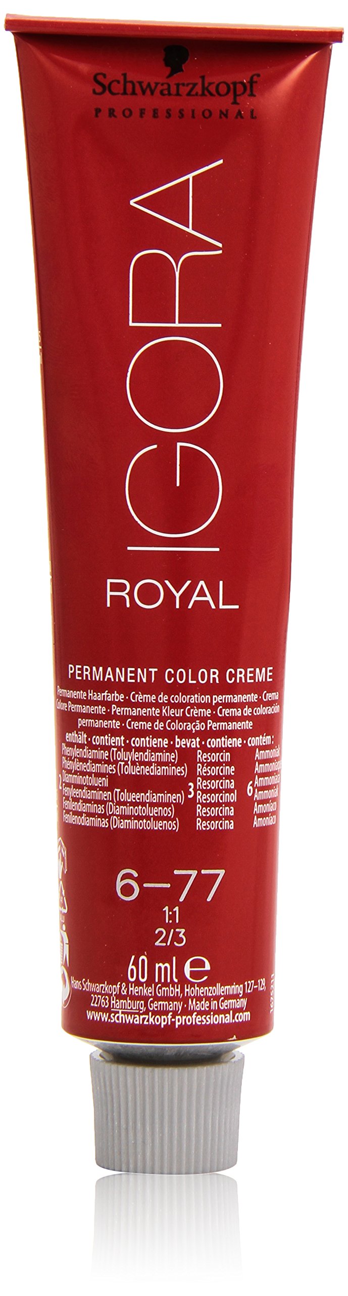 Schwarzkopf Igora Royal 6-77 pack shot shows bold copper blonde color with long-lasting vibrancy.