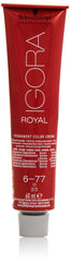 Schwarzkopf Igora Royal 6-77 pack shot shows bold copper blonde color with long-lasting vibrancy.
