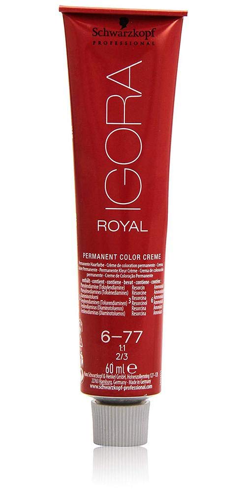 Schwarzkopf Igora Royal 6-77 white hair coverage demonstrates strong color on resistant hair.