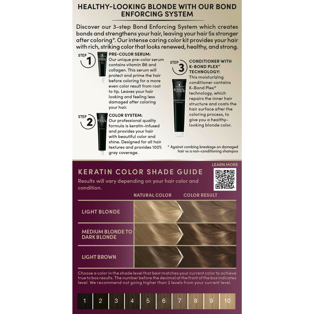 Schwarzkopf Keratin Blonde kit packaging shows all components clearly.