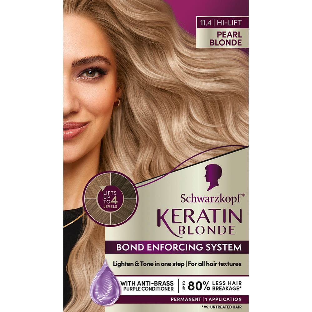 Schwarzkopf Keratin Blonde packaging kit on display for at-home color