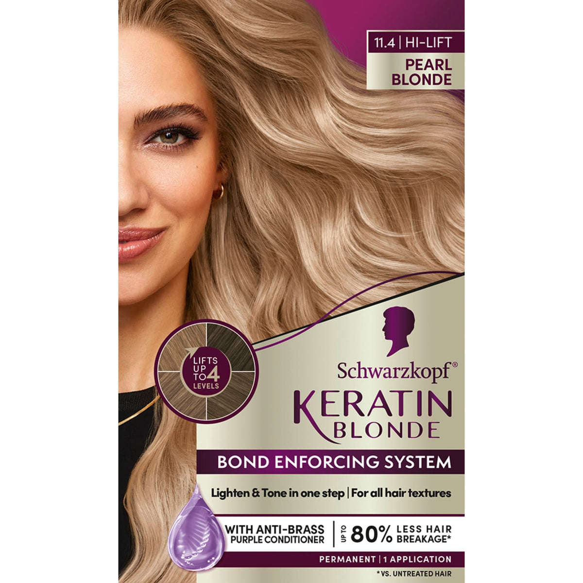 Schwarzkopf Keratin Blonde packaging kit on display for at-home color