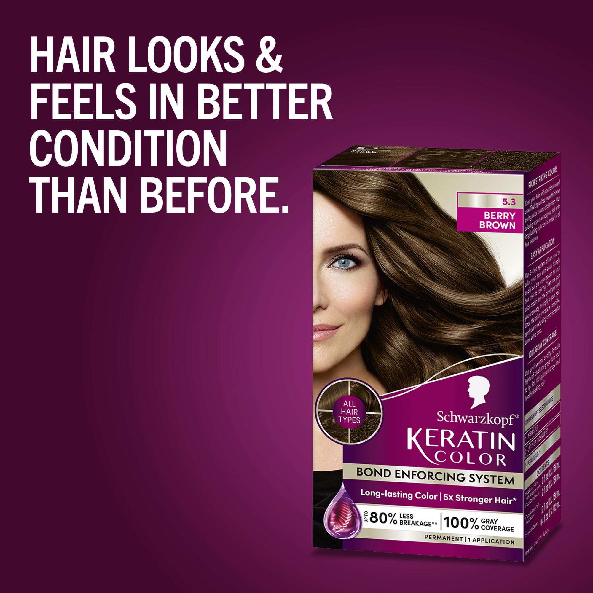 Schwarzkopf Keratin Color Berry Brown kit packaging on shelf.