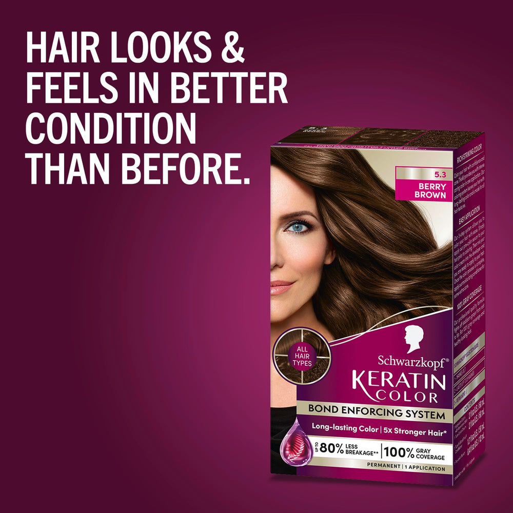 Schwarzkopf Keratin Color Berry Brown kit packaging on shelf.