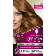 Schwarzkopf Keratin Color cream application shows rich caramel blonde shade at home.