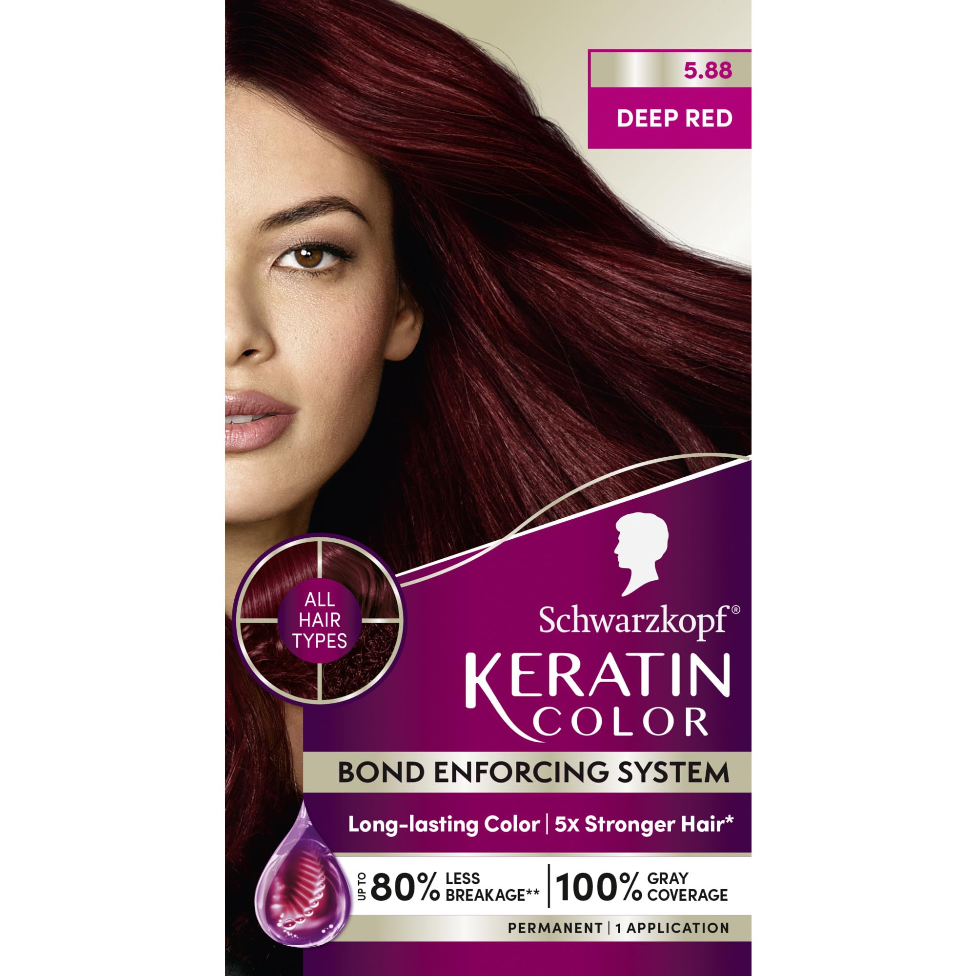 Schwarzkopf Keratin Color deep red bottle pouring for vibrant at-home color.