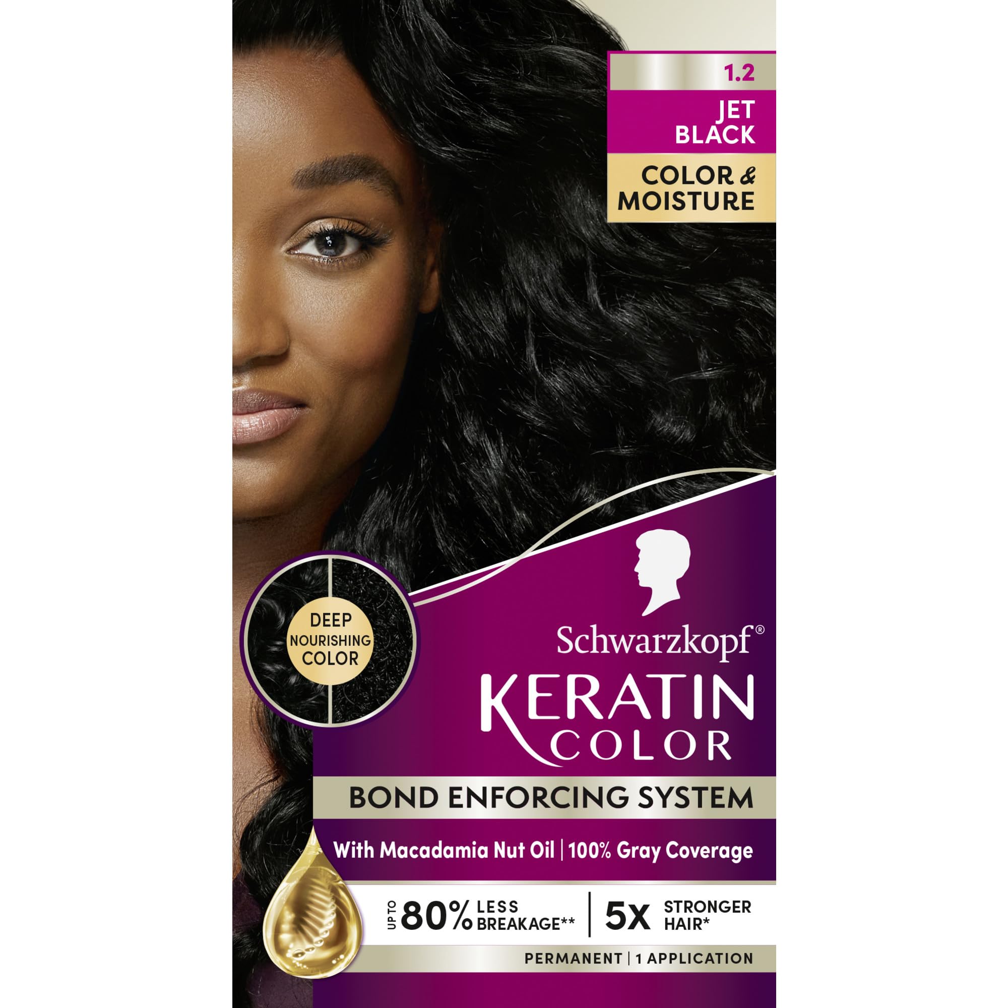 Schwarzkopf Keratin Color jet black bottle closeup showing vibrant color