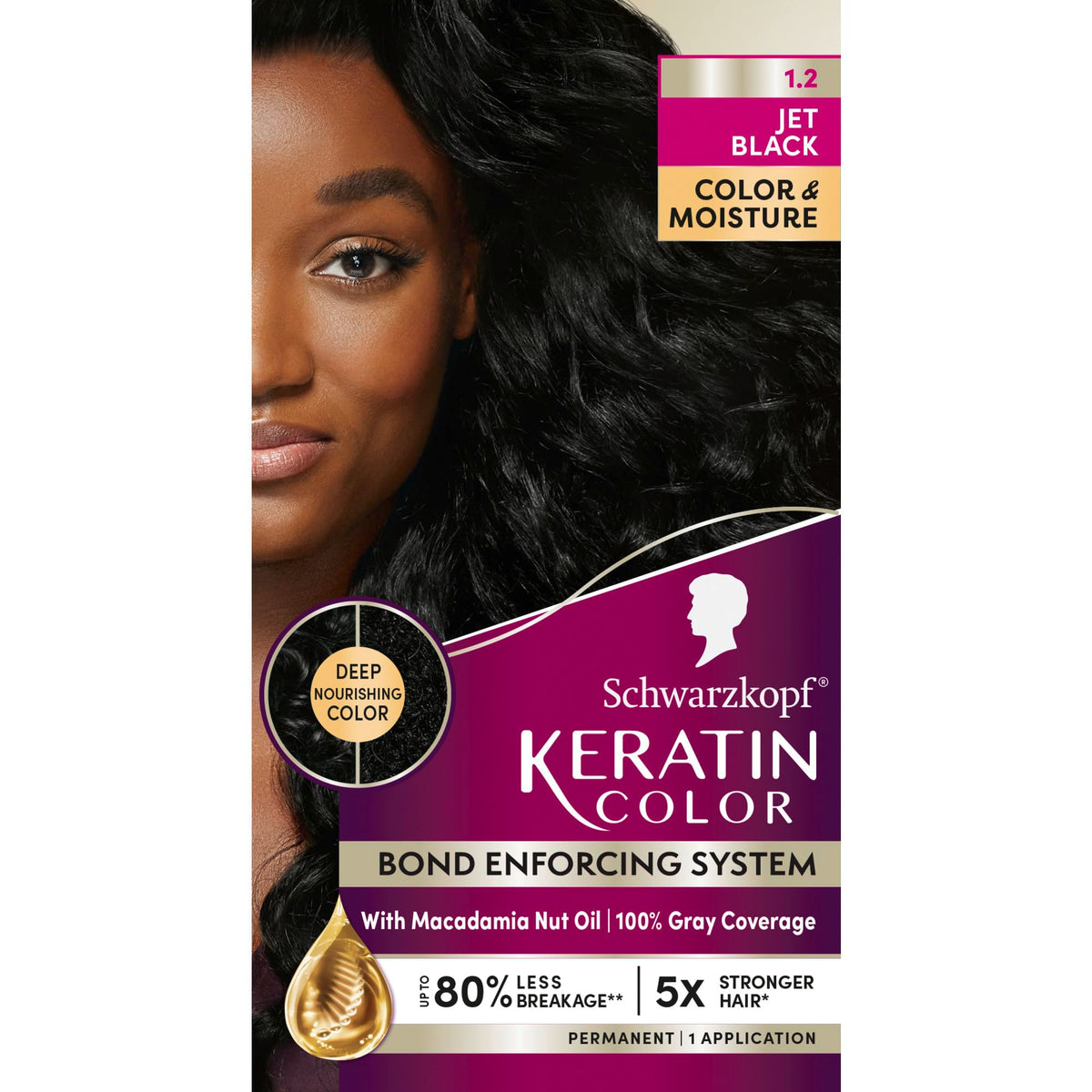 Schwarzkopf Keratin Color jet black bottle closeup showing vibrant color