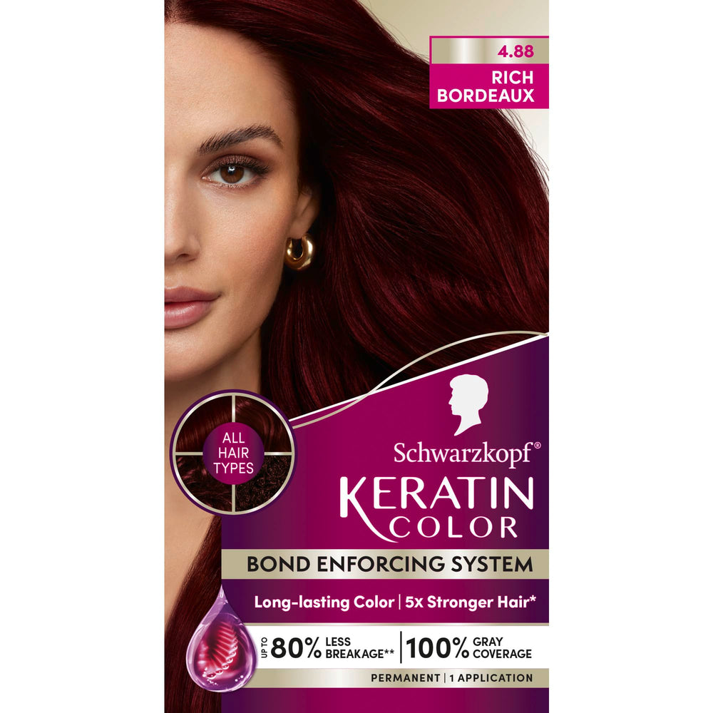 Schwarzkopf Keratin Color 4.8 Rich Bordeaux box for vibrant, long-lasting home color