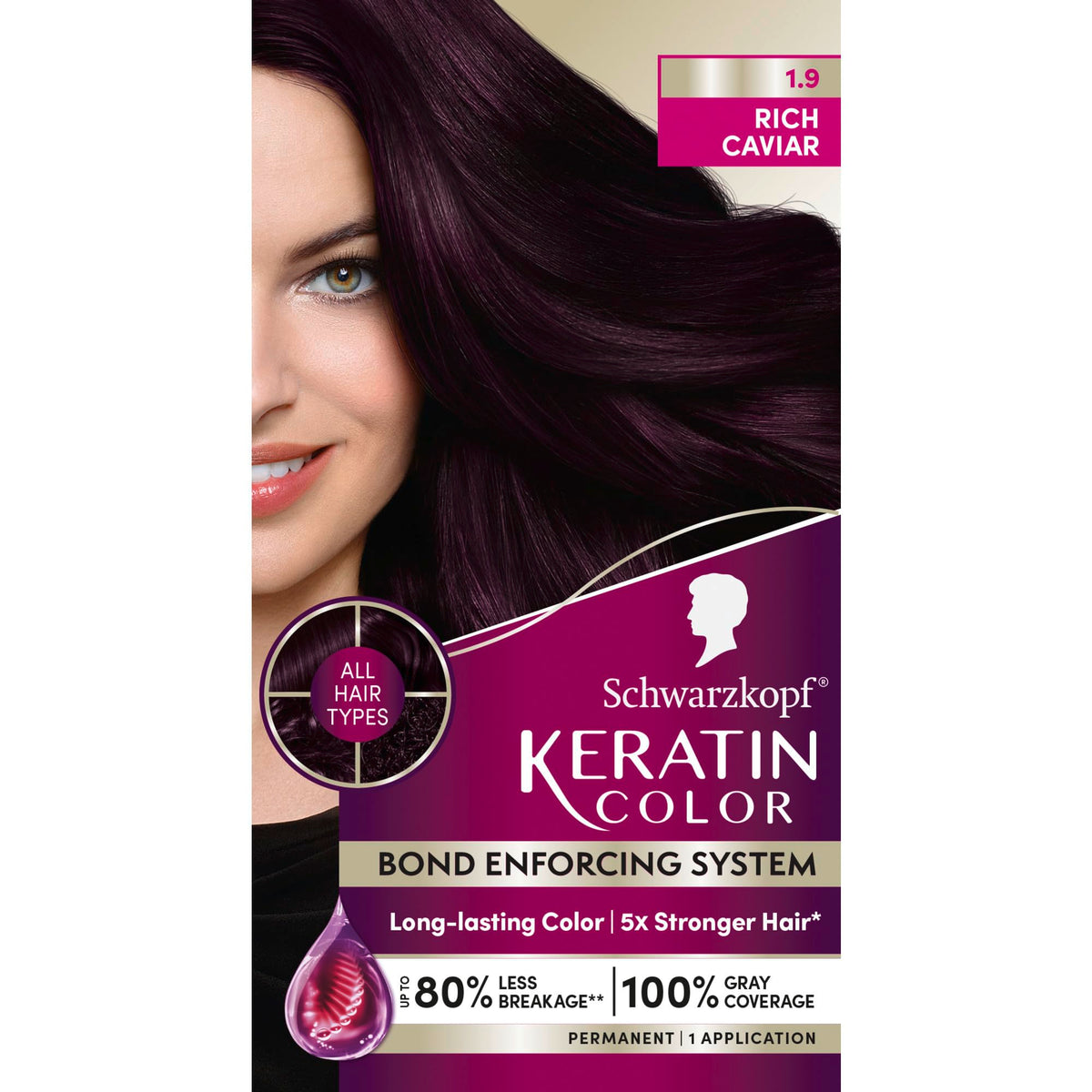 Schwarzkopf Keratin Color bottle pour shows rich Caviar shade for even root-to-tip coverage