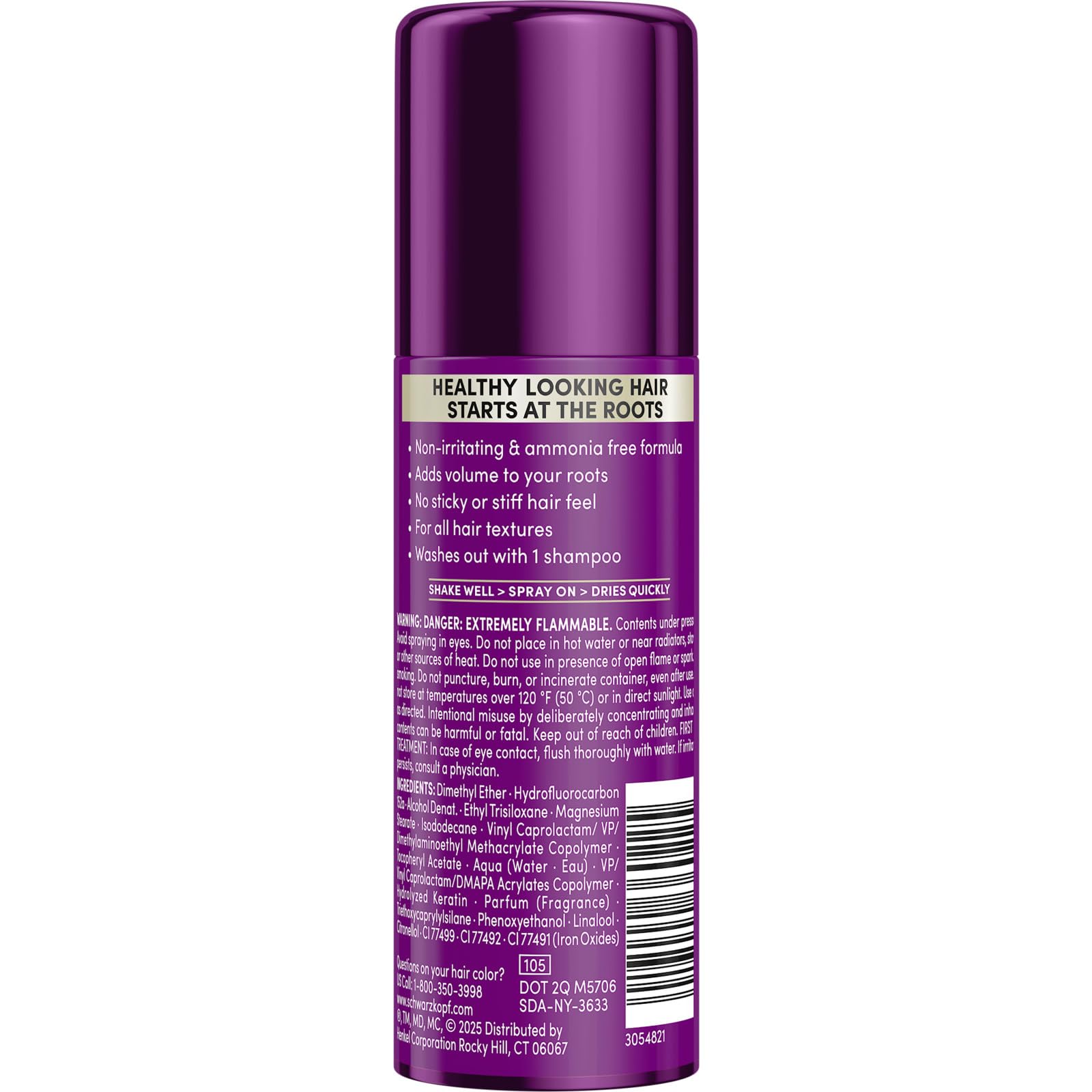 Schwarzkopf Keratin Color Root Spray washes out easily with shampoo.