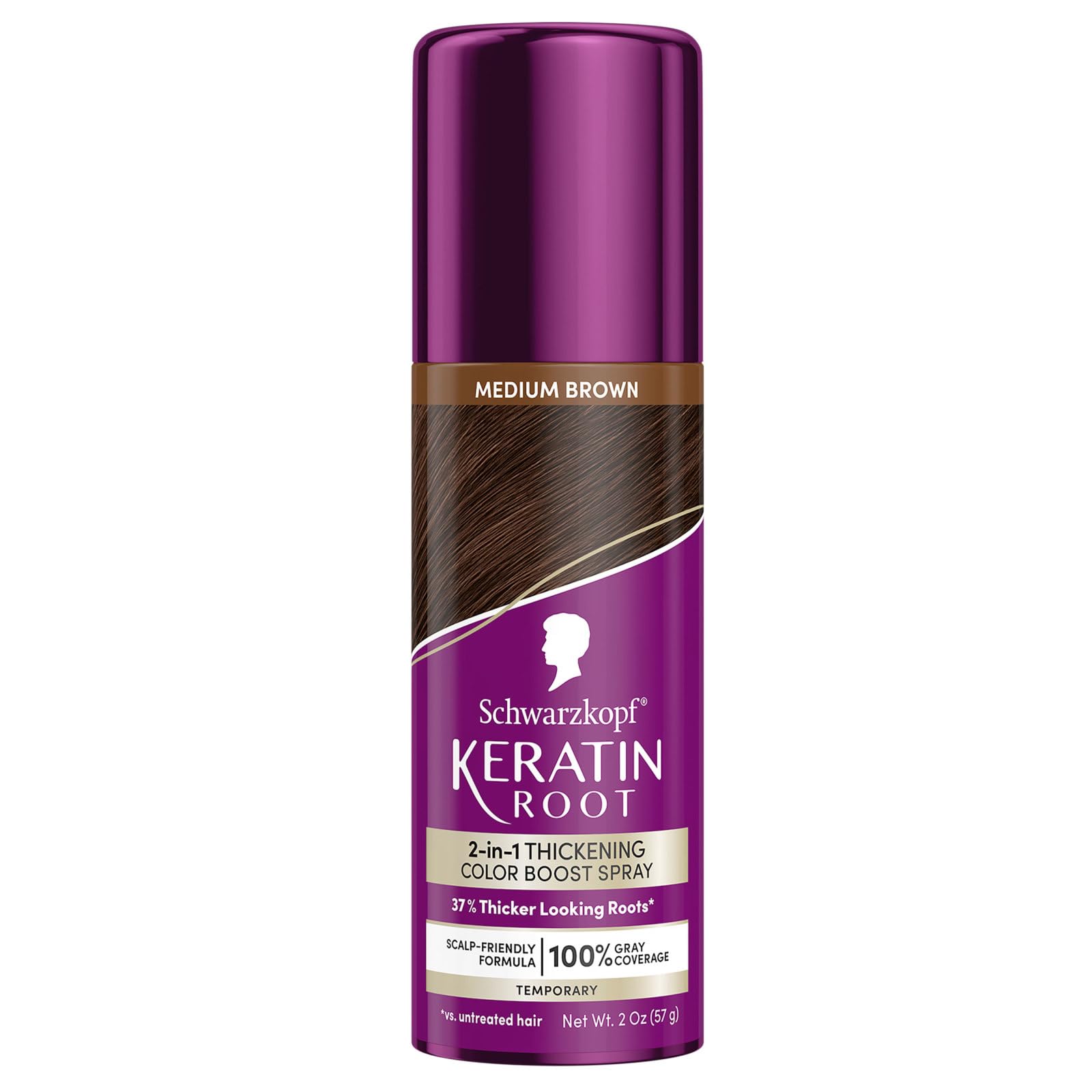 Schwarzkopf Keratin Color Root Spray in medium brown for instant root refresh and seamless blend.