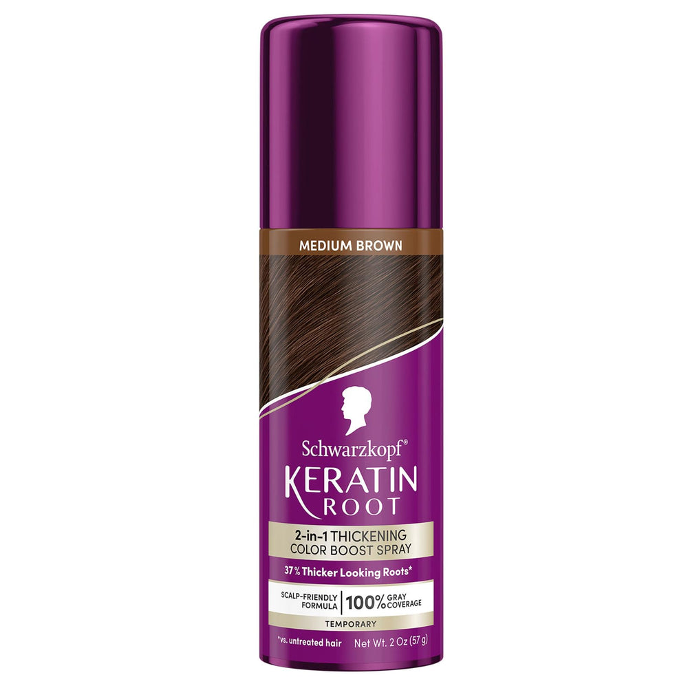 Schwarzkopf Keratin Color Root Spray in medium brown for instant root refresh and seamless blend.
