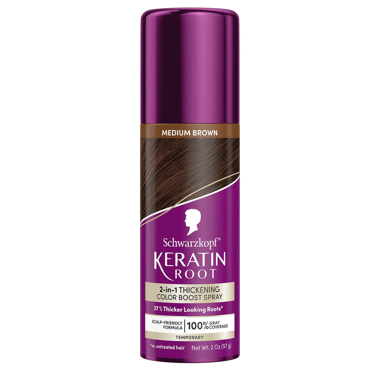 Schwarzkopf Keratin Color Root Spray in medium brown for instant root refresh and seamless blend.