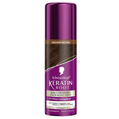 Schwarzkopf Keratin Color Root Spray in medium brown for instant root refresh and seamless blend.