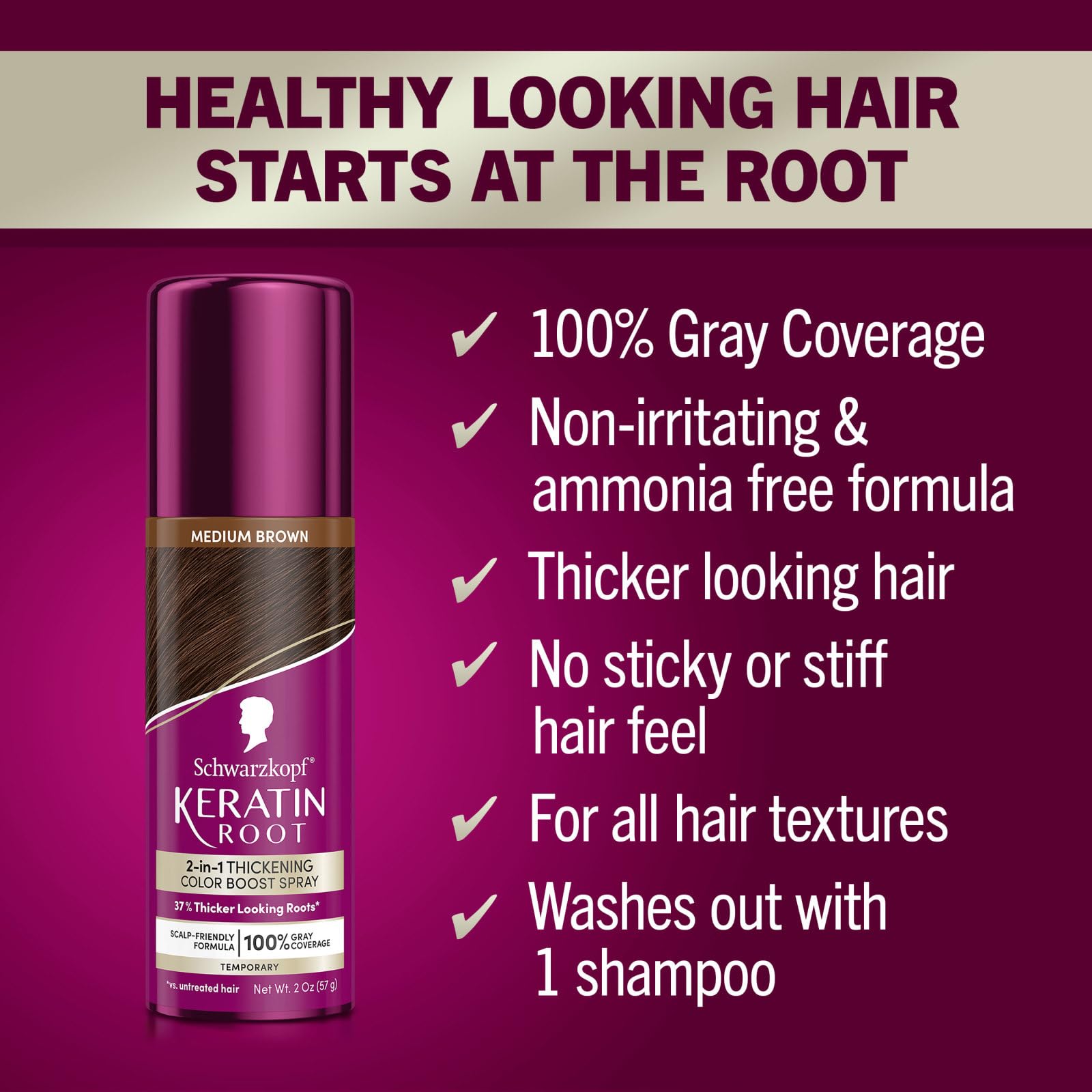 Schwarzkopf Keratin Color Root Spray creates thicker-looking roots for a fuller appearance.