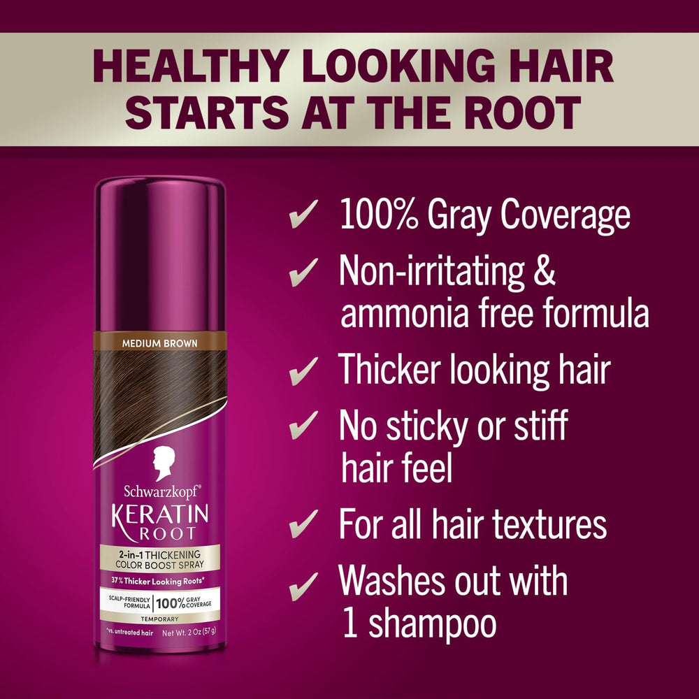 Schwarzkopf Keratin Color Root Spray creates thicker-looking roots for a fuller appearance.
