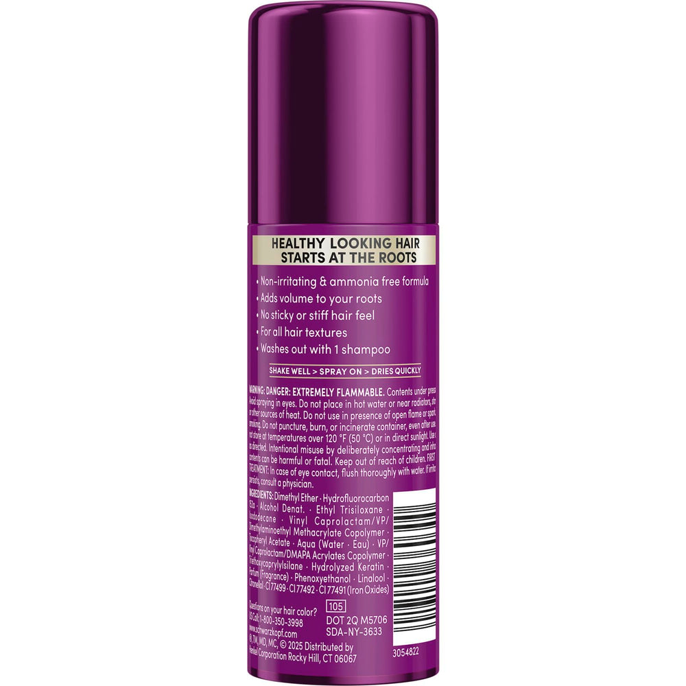 Schwarzkopf Keratin Color Root Spray washes out easily with shampoo, no residue.