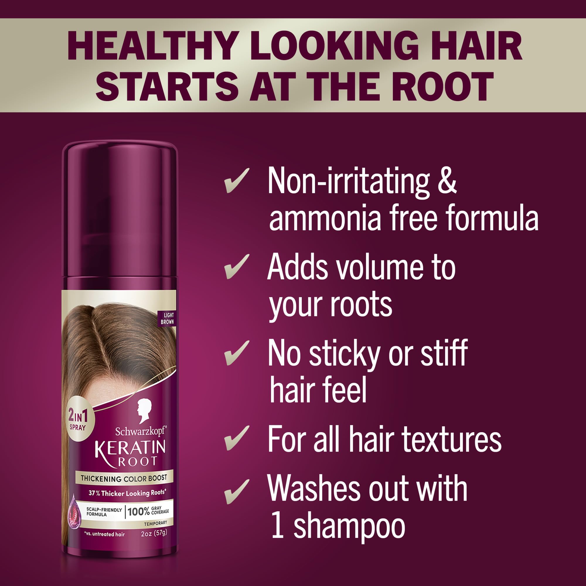Schwarzkopf Keratin Root Color Spray applied to roots for quick touch-ups