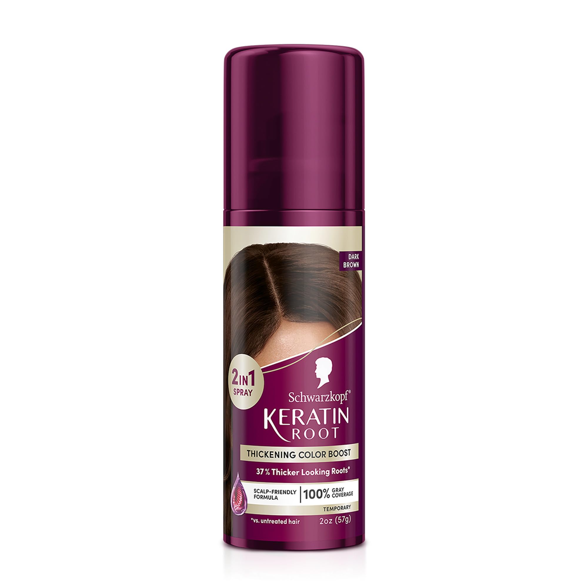 Schwarzkopf Keratin Root Spray dark brown coverage for seamless roots.
