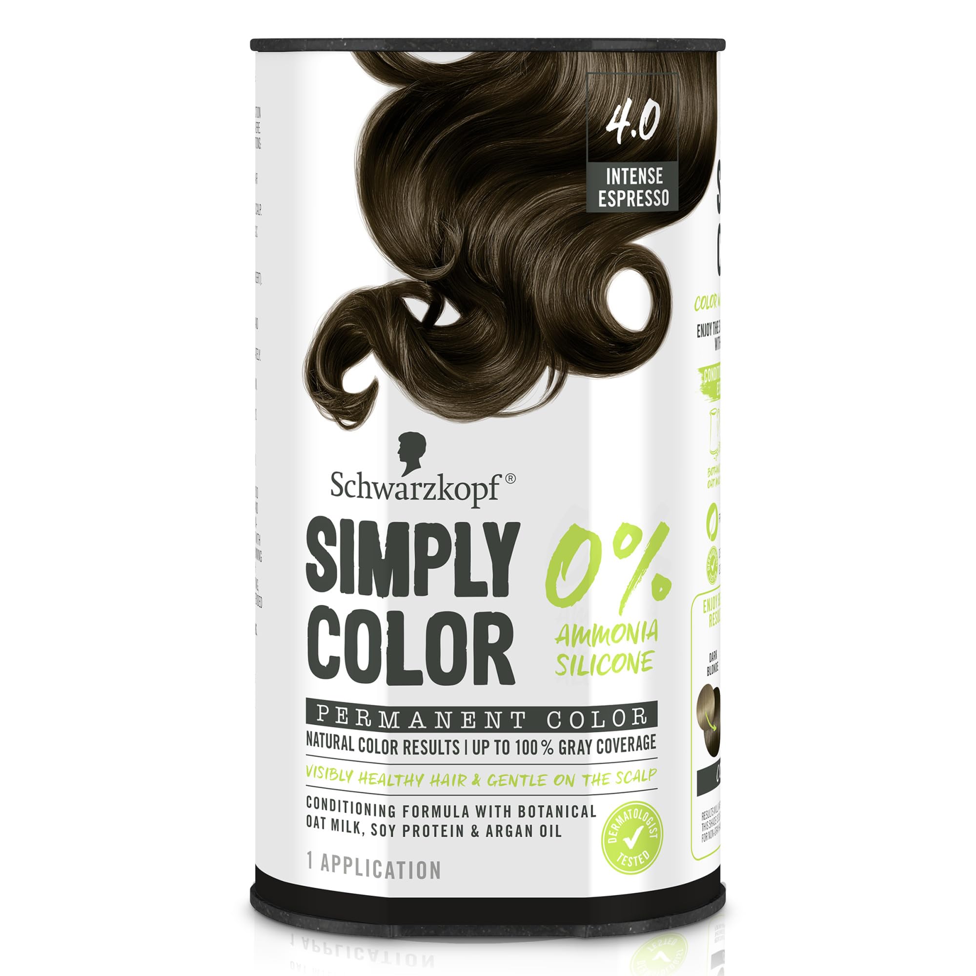 Schwarzkopf Simply Color 4.0 Intense Espresso bottle and cream for natural, even color.