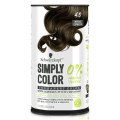 Schwarzkopf Simply Color 4.0 Intense Espresso bottle and cream for natural, even color.