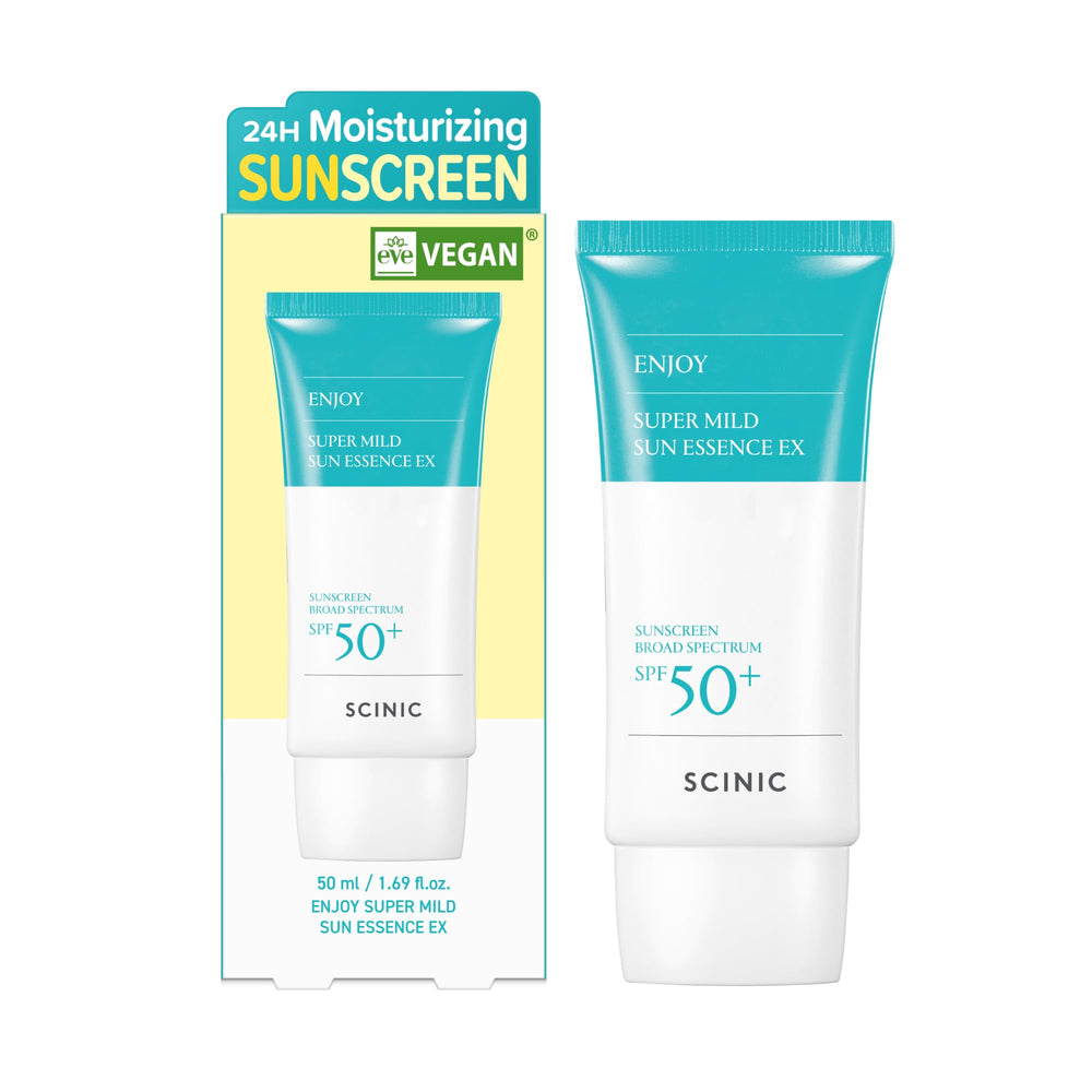 SCINIC Enjoy Sun Essence SPF 50+ bottle for daily face and body protection.