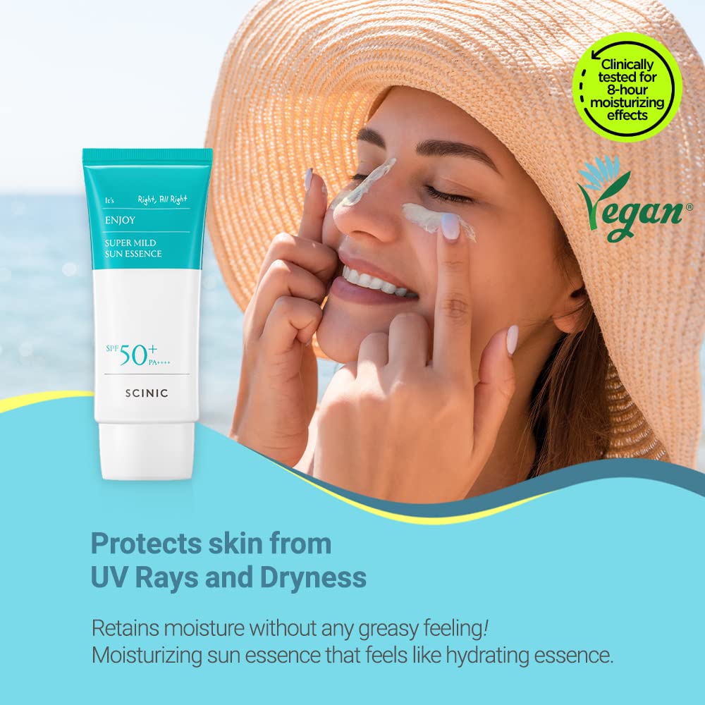 SCINIC Enjoy Super Mild Sun Essence, aplicación suave para rostro diario sin grasa.