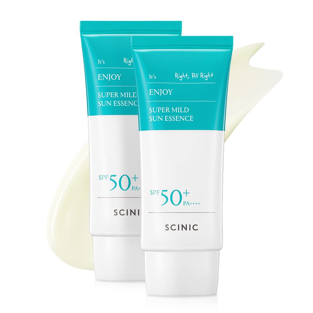 SCINIC Enjoy Super Mild Sun Essence, botella compacta para uso diario, protección suave.