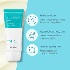 SCINIC Enjoy Super Mild Sun Essence, hidratación continua sin dejar grasa.