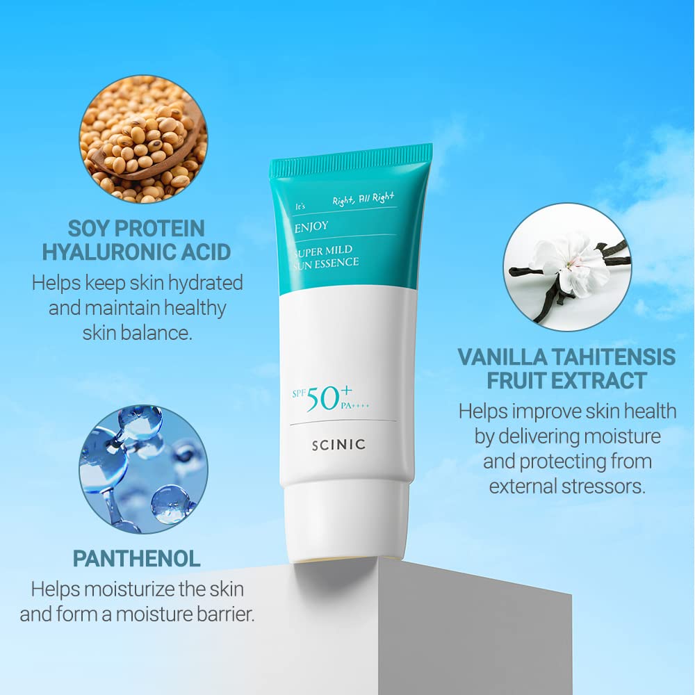 SCINIC Enjoy Super Mild Sun Essence, protección UV suave para diario.