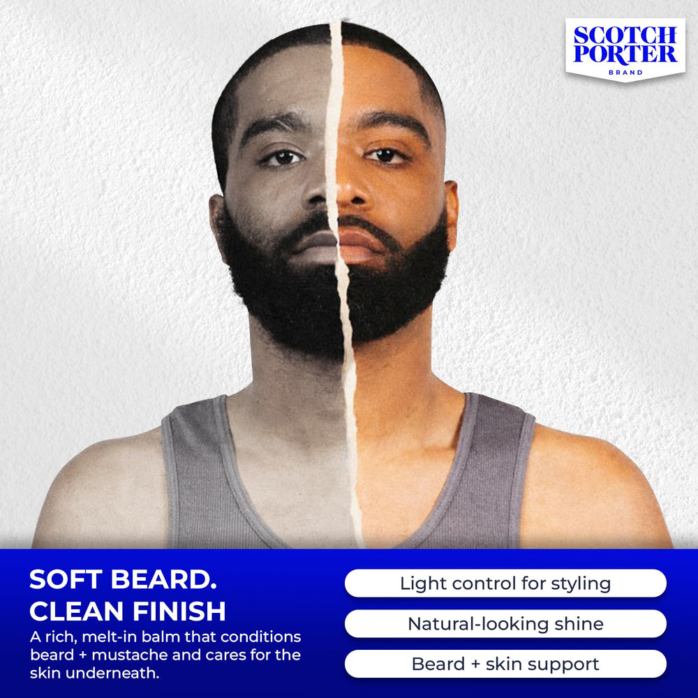 Scotch Porter balm ingredients Biotin Liposomes visible, suggesting stronger-looking beard after use
