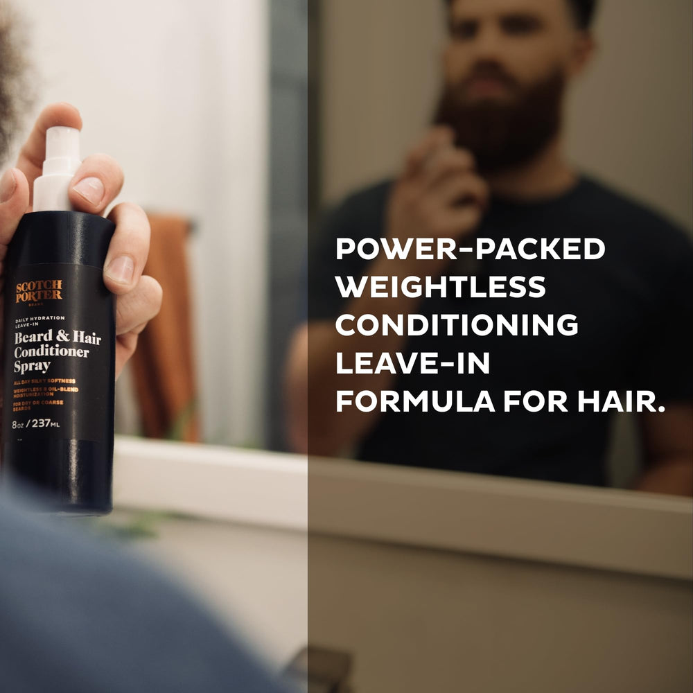 Scotch Porter Daily Hydration Conditioner Spray: aplicación en mano para cabello y barba suave.