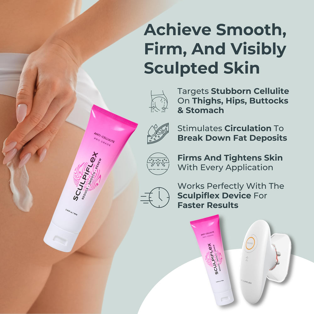 SCULPIFLEX anti cellulite cream pump bottle shown for controlled application.