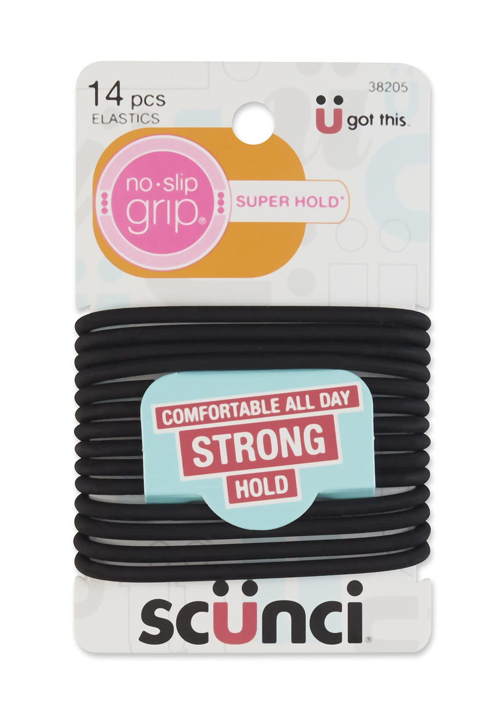 Scunci three-pack 14-piece elastics provide secure grip for workouts and busy days.