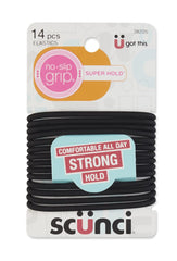 Scunci three-pack 14-piece elastics provide secure grip for workouts and busy days.