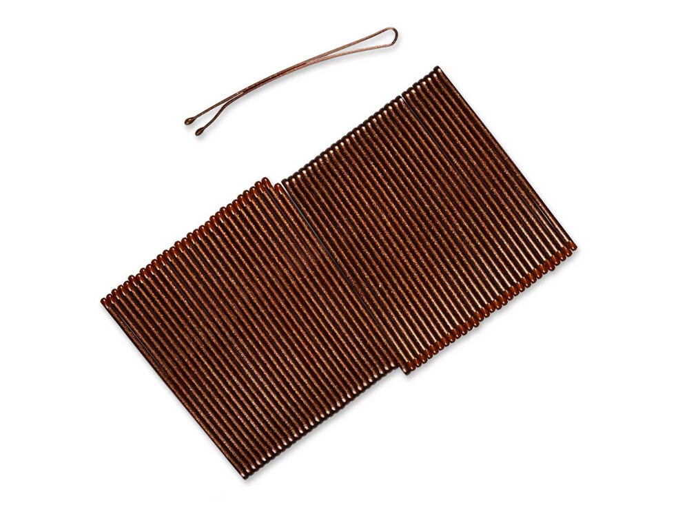 Scunci curved bobby pins metallic brunette finish closeup supports secure updos and flyaway control.