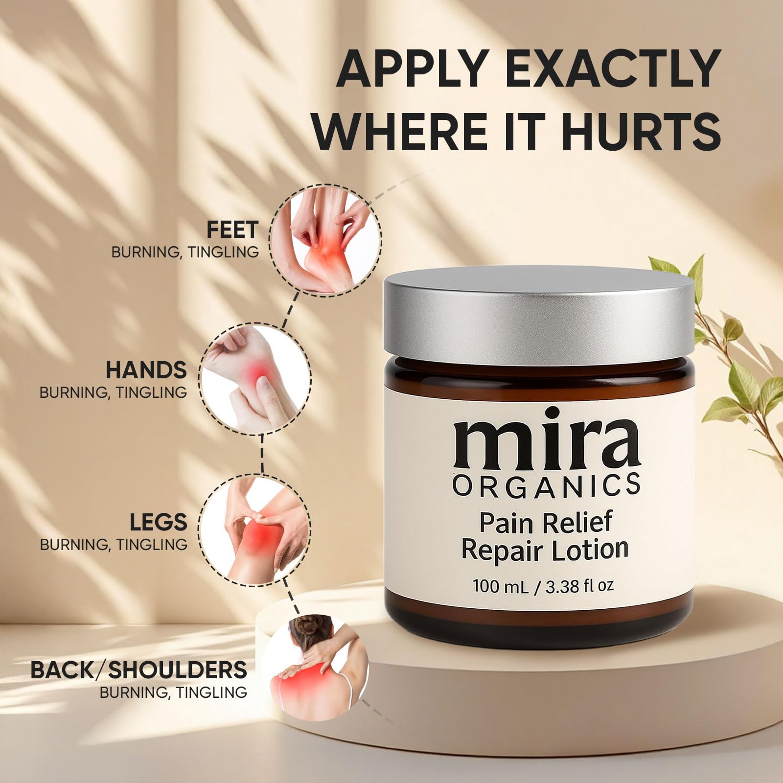 SDXJIOGE Mira Relief packaging emphasizes plant-based, paraben-free formula for sensitive skin.