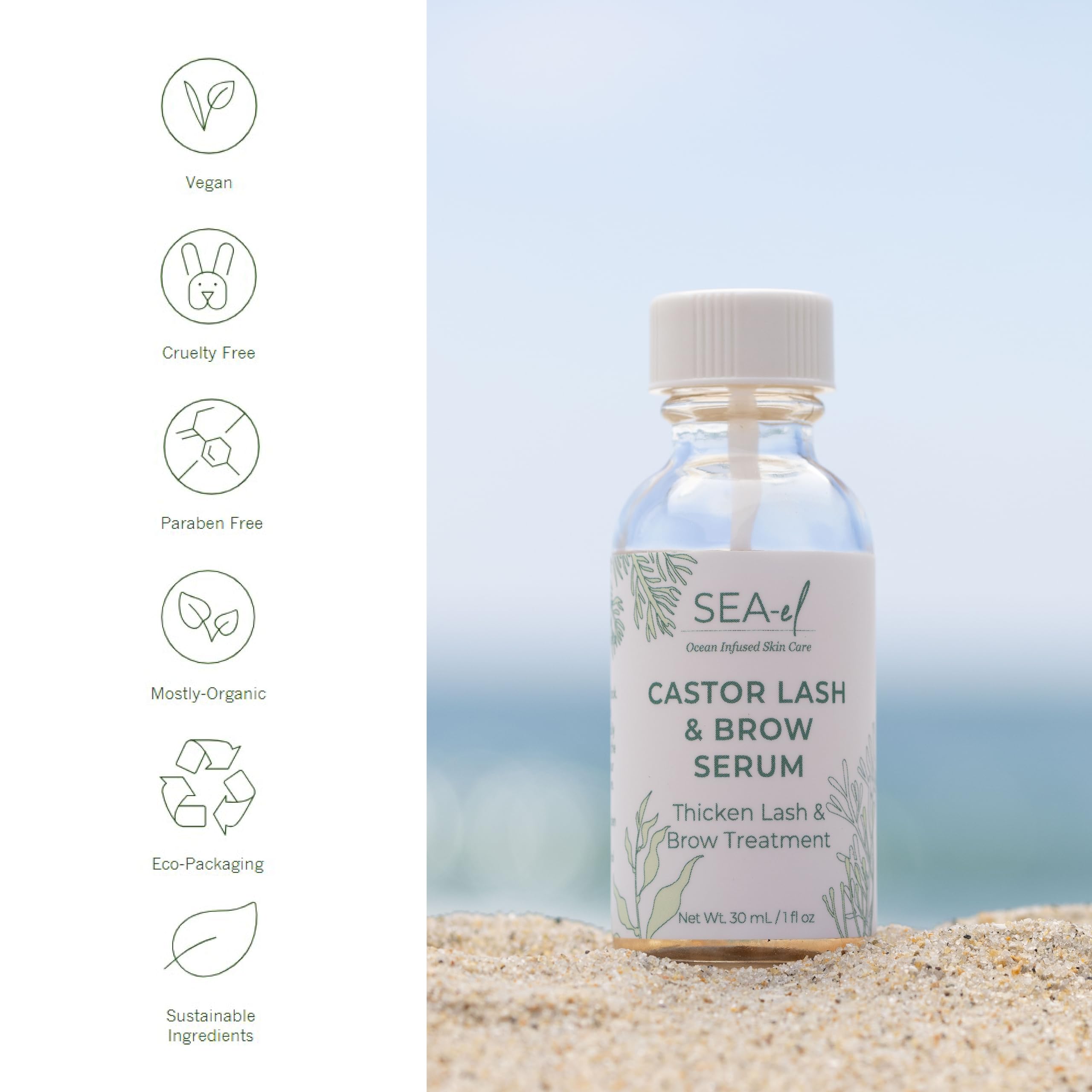 Sea-El Sérum de Ricino sin gluten ideal para rutinas diarias.
