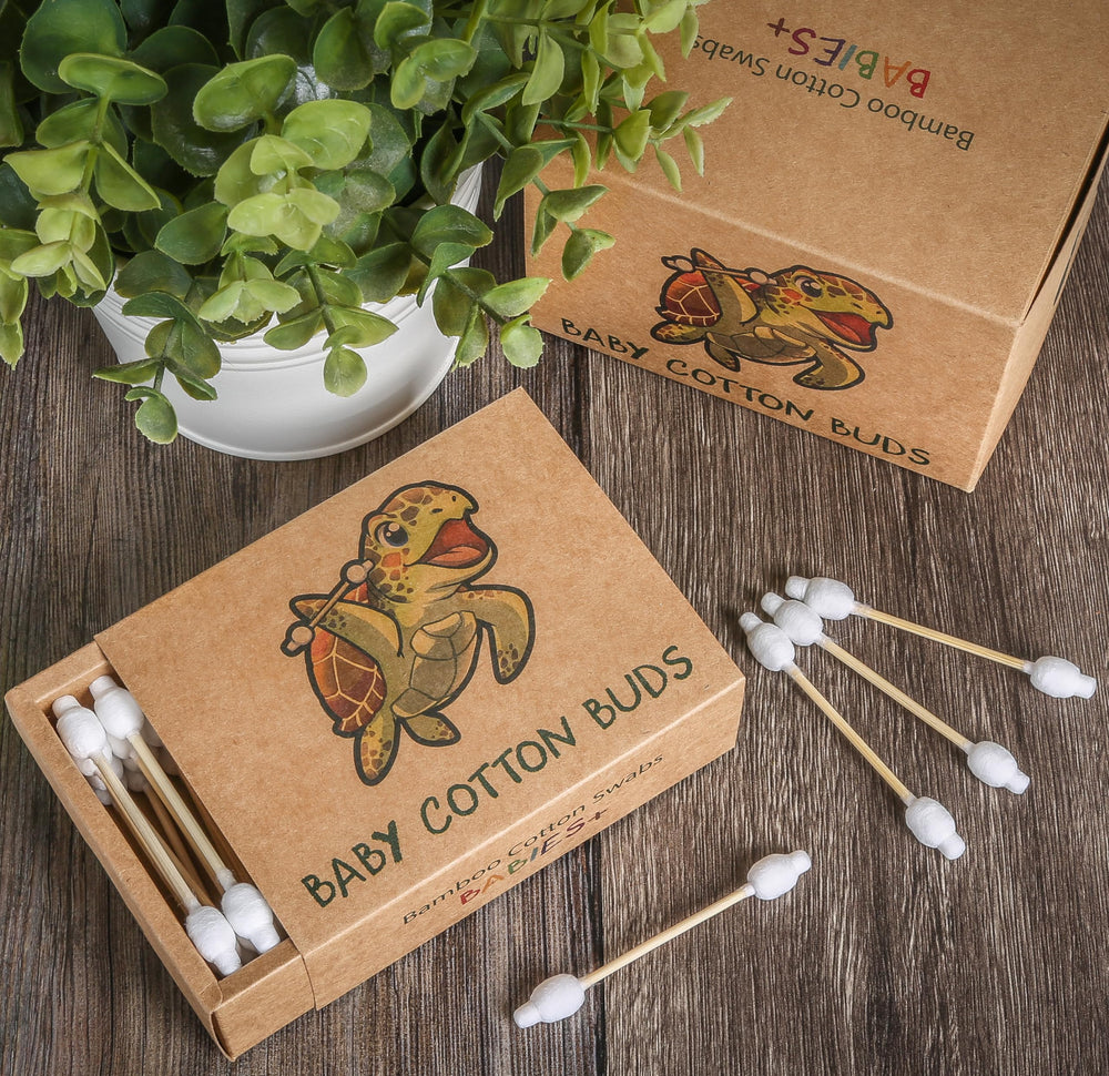Sea Turtle Bamboo Cotton Swabs with wooden, plastic-free design for eco living.
