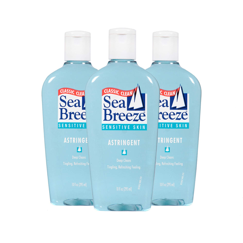 Seabreeze astringente facial: botella visible para piel sensible, sensación de limpieza profunda.