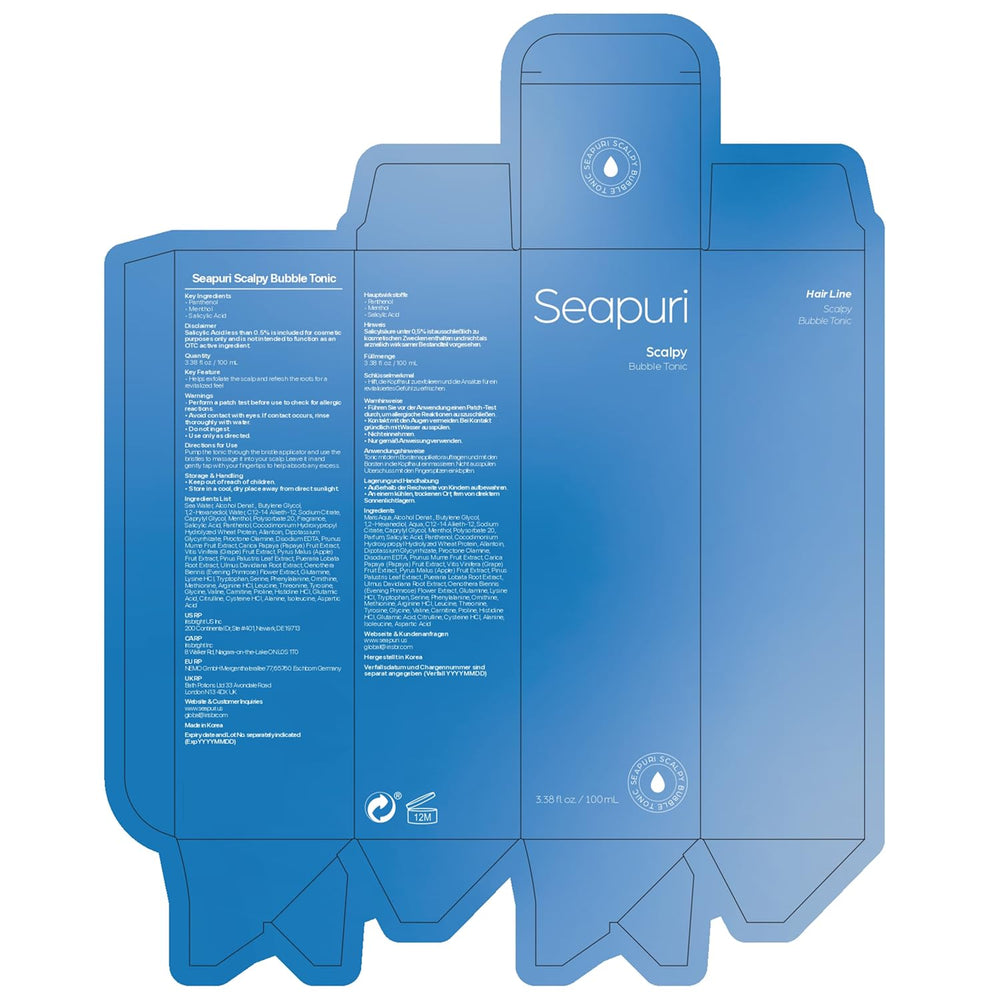 Seapuri Scalpy Bubble Tonic derma-standards emphasize safety and daily use.