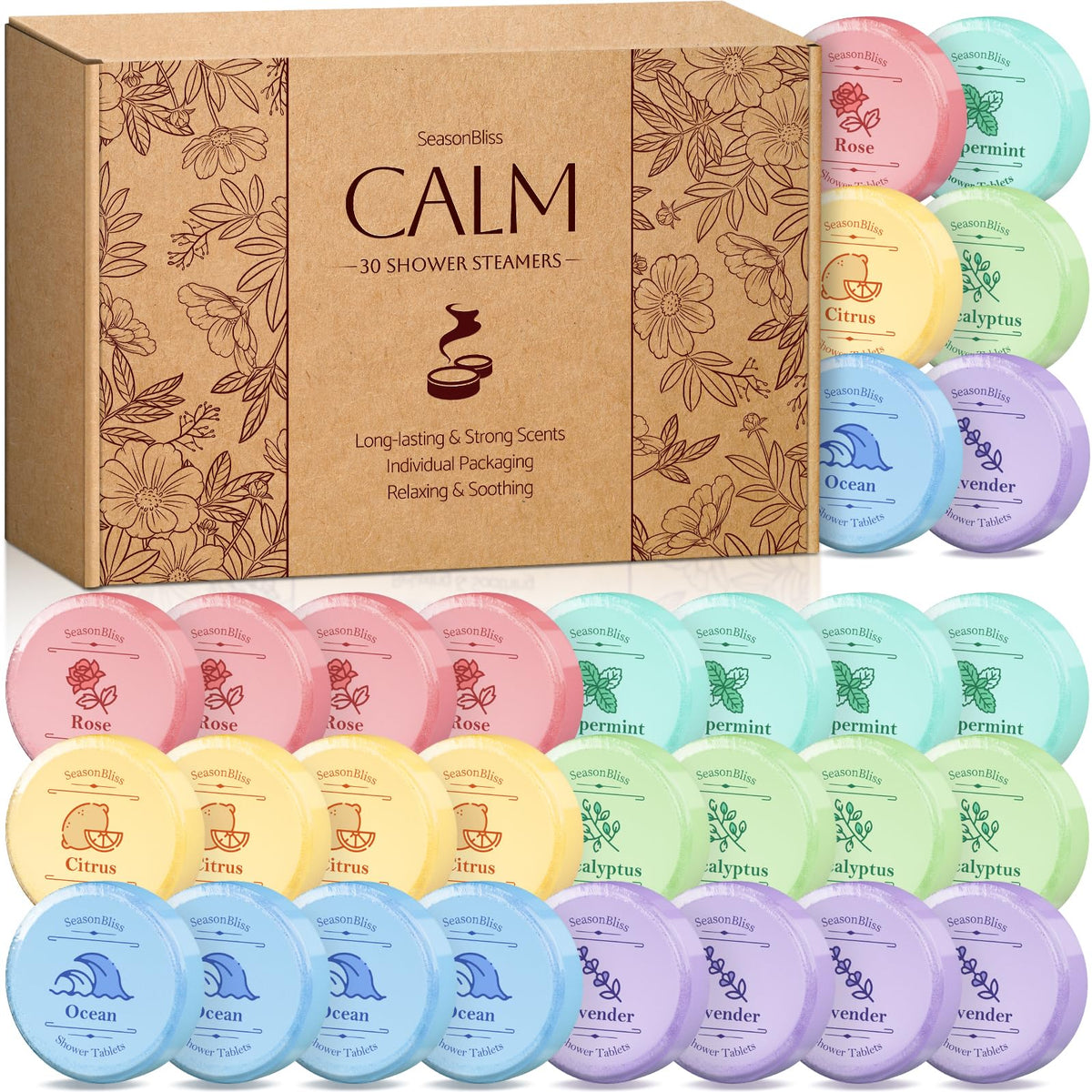 SeasonBliss Shower Steamers packaging highlights 30 individually wrapped pieces.