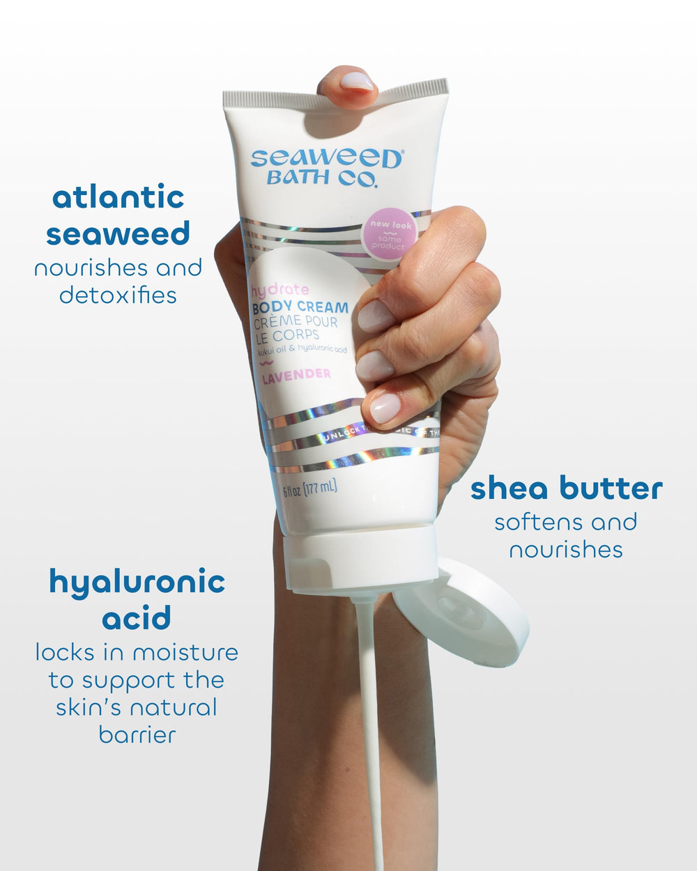 Seaweed Bath Co. Hydrate Lavender bottle with pump demonstrates convenient, mess-free application.