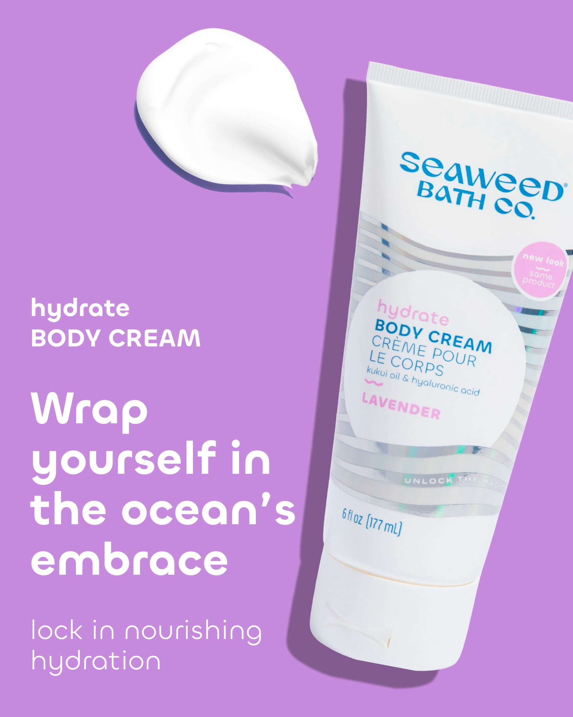 Seaweed Bath Co. Hydrate Lavender cream texture close-up shows a creamy, smooth formula for dry skin.