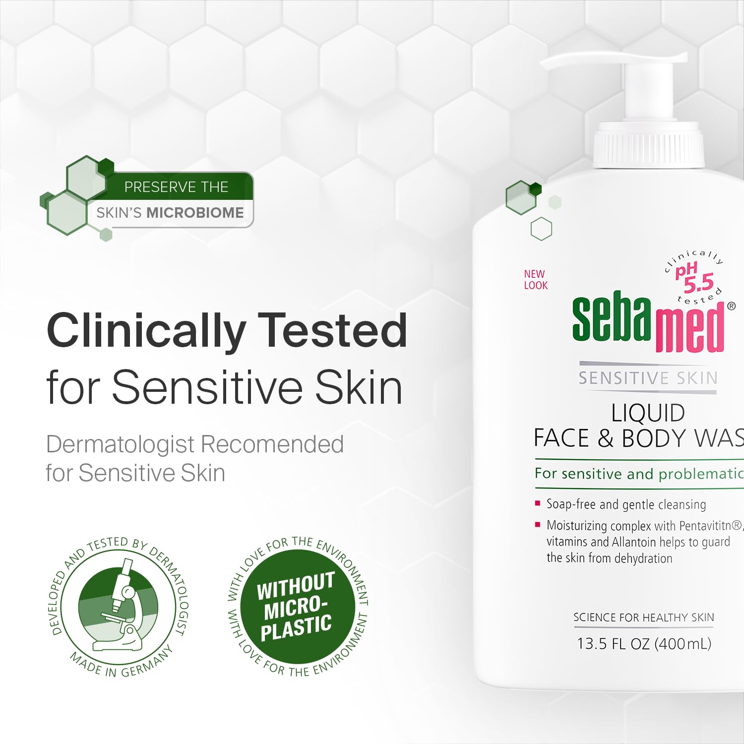 SEBAMED 400ml bottle close-up highlights sizing and value in a 2-pack.