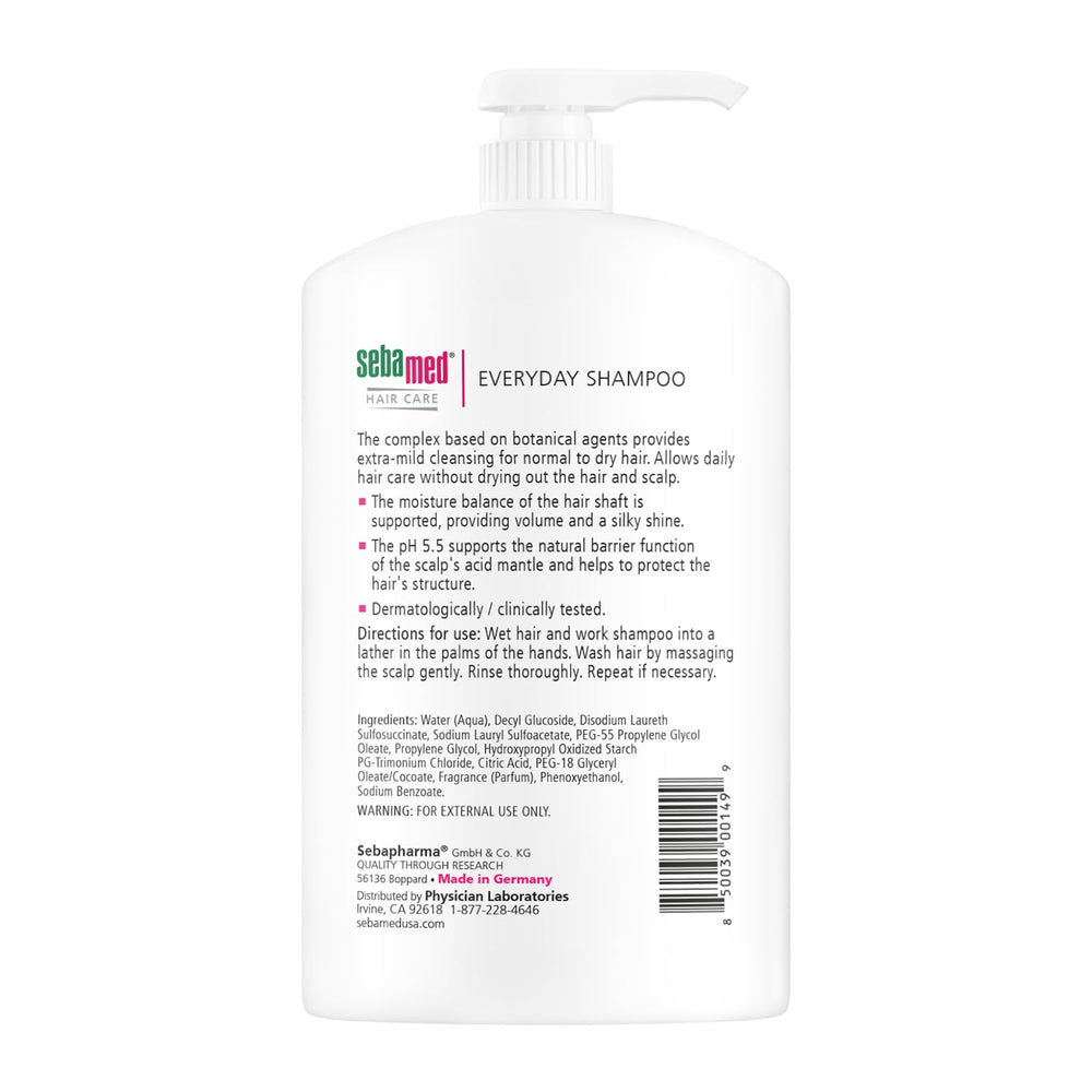 Sebamed Everyday Shampoo label close-up communicates pH 5.5 balanced cleansing.